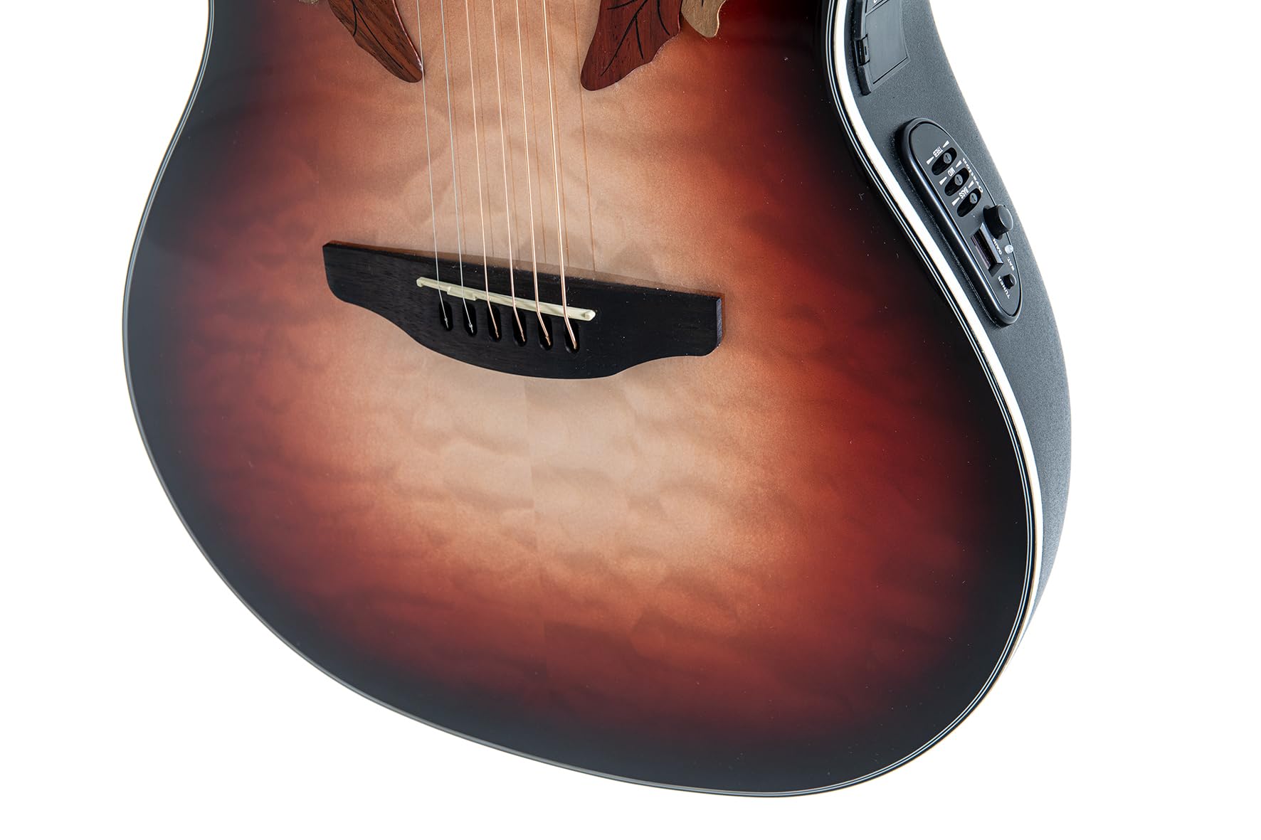 Ovation Chitarra acustica elettrica Celebrity Elite Plus CE44LX Mid Cutaway – Modello a mano sinistra – Coperta in legno pregiato – Mid-depth Lyrachord Body – Ruby Burst – CE44LX-1R-G