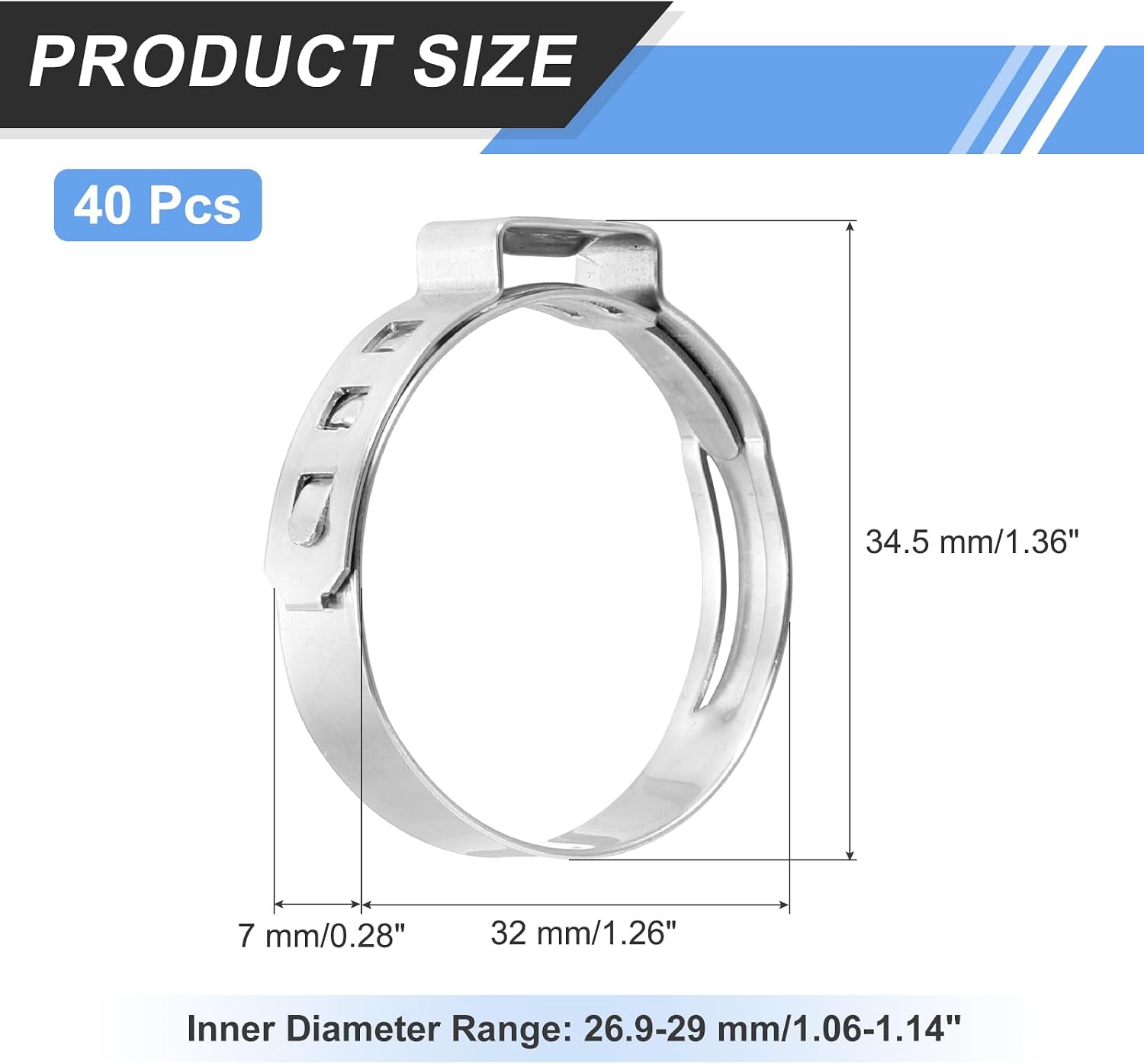 MECCANIXITY 40Pcs 26.9-29mm Single Ear Hose Clamps 304 Stainless Steel Polished Stepless Hose Clamp for Automobile Pipe Connections Home Appliance Wiring and Pipes, Silver