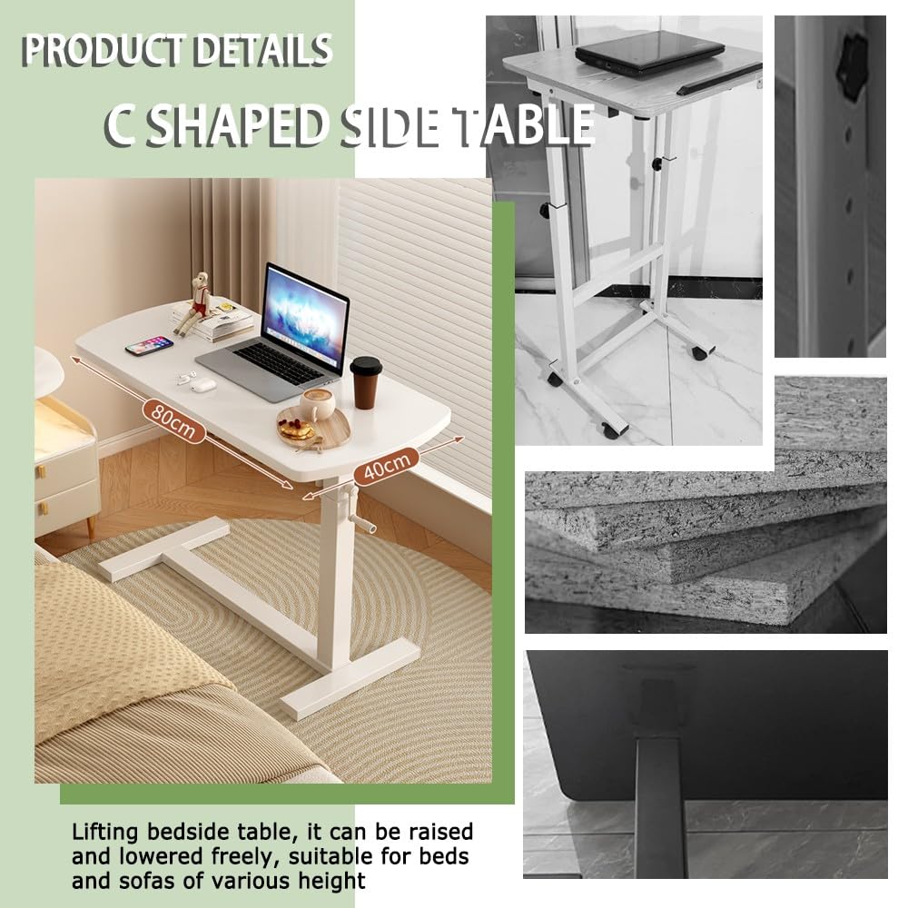 Mesa Auxiliar Ajustable en Forma de C con Ruedas, mesita de Noche para Cama, Escritorio Lateral para portátil con Estructura metálica, para sofá, Cama, bañera, 70 x 40 cm (65-95 cm