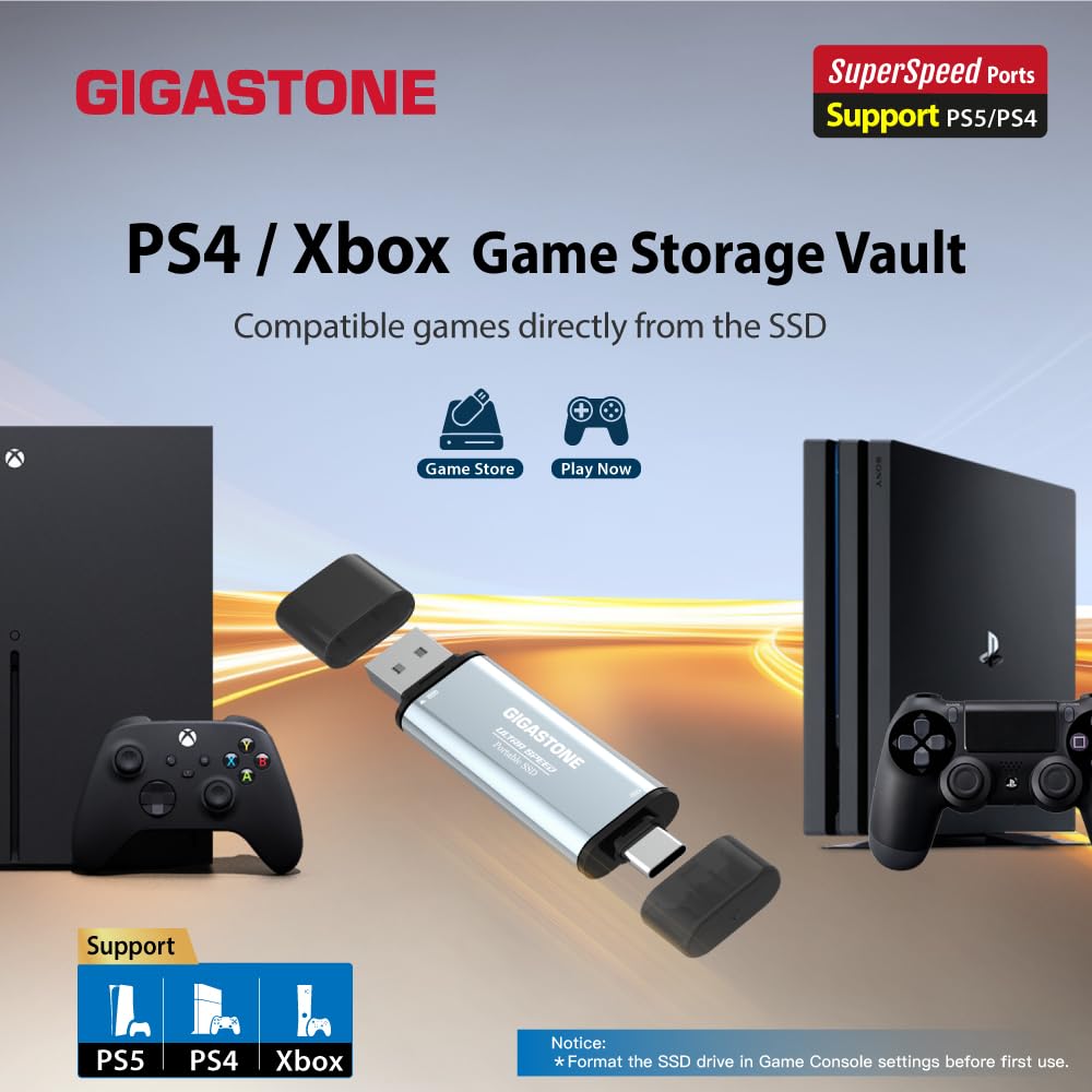 Gigastone SSD esterno da 1 TB USB-A+C fino a 1,050 MB/s per PS5 iPhone16 4K 60fps ProRes USB 3.2 Gen2 Hard disk SSD portatile per MacBook iPad PlayStation Xbox Duo Go