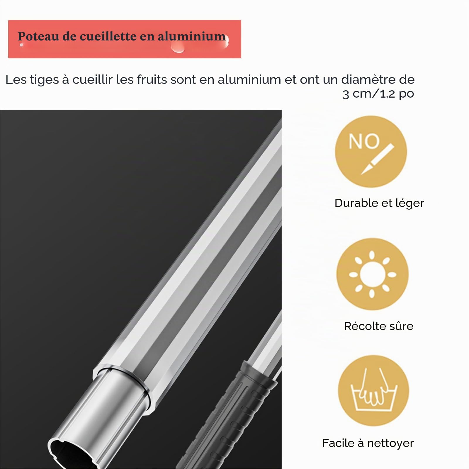 AMUFJJ cueille Fruit telescopique Pomme Pince À Fruits Télescopique en Aluminium, pour Mangues, Avocats, Oranges, Pêches Et Figues, avec Ouverture De 15 Cm.(3.3ft (1m) - 4.9ft (1.5m))