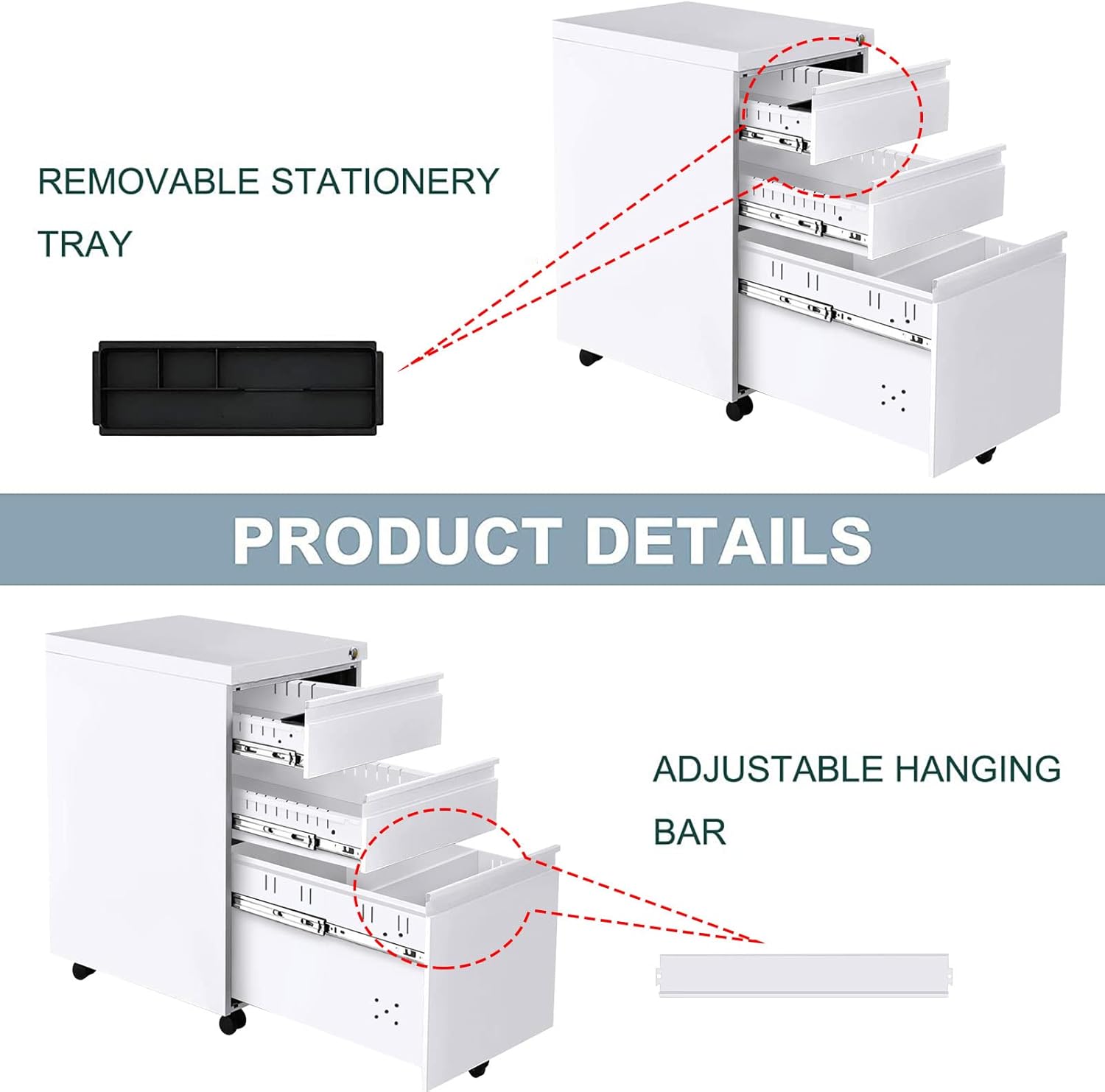 Yiguo 3-Drawer Mobile File Cabinet with Lock, Rolling Office File Cabinet Under Desk, Metal Filing Cabinet with Wheels for Legal Letter File (White)