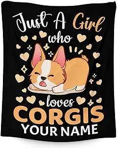 Personalized Corgi Blanket Gifts with Name - 40"x50" Cute Throw for Adults, Kids - Black Soft Fuzzy Blankets for Bed, Couch & Living Room