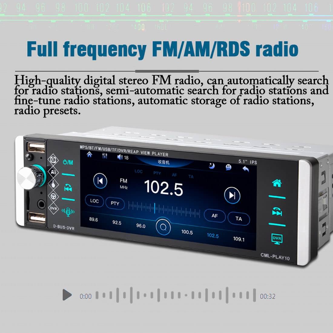 5,1 Pulgadas 1Din 5188 Reproductor MP5 para Coche IPS Pantalla de Prensa Control de Voz Radio RDS Am FM 4USB interconexión bidireccional