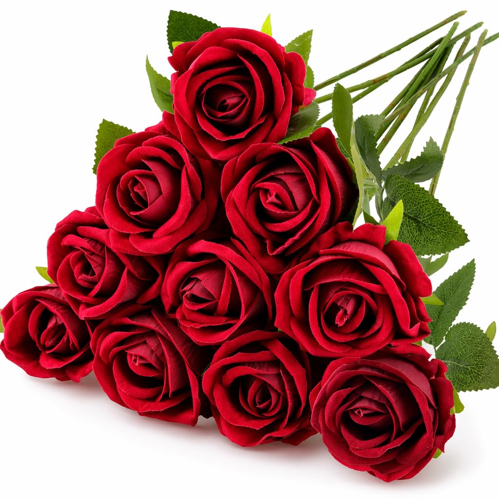 KSVFTB 12 Pcs Red Roses, Single Stem Realistic Silk Artificial Rose Bouquet, DIY Decoration for Home, Living Room, Garden, Wedding, Party