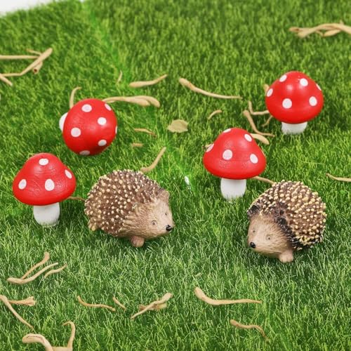 Wyjuan Lot de 6 figurines de jardin miniature en résine, hérissons, champignons, accessoires décoratifs pour maison de poupée, plantes, bonsaï