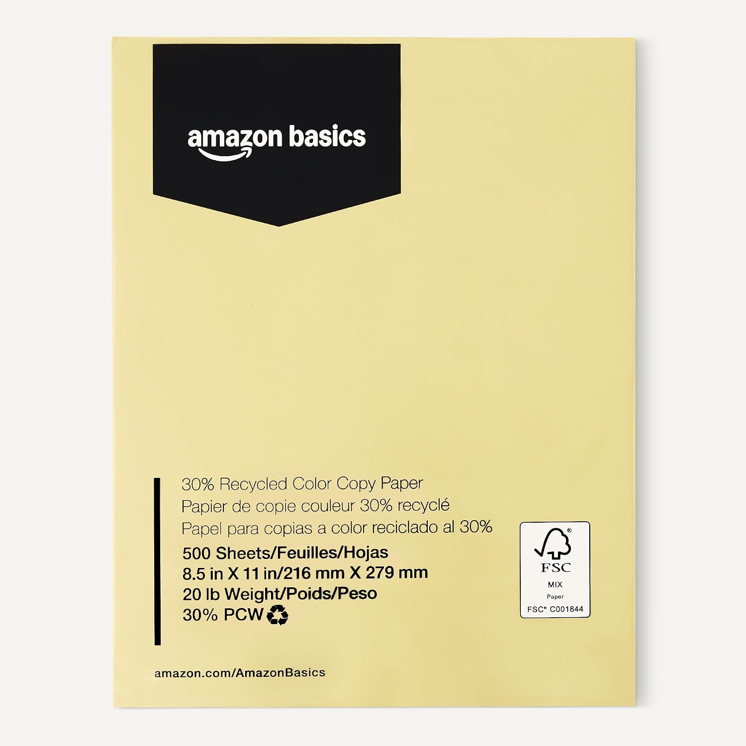 Amazon Basics 30% Recycled Color Copy Paper, 8.5" x 11", 20lb, Pastel Canary, 500 Sheets