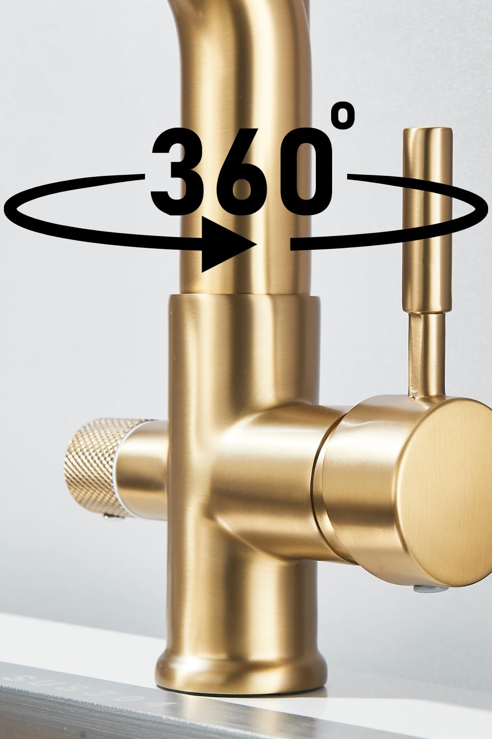 Grifo de cocina flexible de 3 vías con ducha extraíble, tubería de agua potable separada para filtro de agua, caño giratorio 360°, cuerpo de latón, montaje de un solo orificio (dorado)
