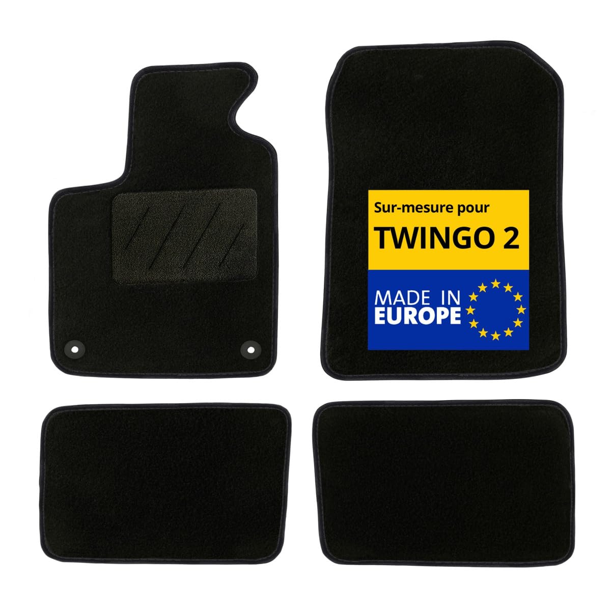 DBS - Tappetini auto - Su misura per Twingo 2 (2007-2018) - Con clip - Tappetini auto antiscivolo - 4 pezzi
