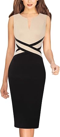 VFSHOW Womens Front Zipper Work Office Business Casual Church Sheath Dress | Crew Neck, Sleeveless, Classy Color block, Fitted Crisscross Waist, Flattering Pencil Dress, Cocktail Party