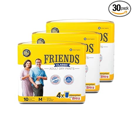 Friends Classic Adult Diapers Pants Style - 30 Count (Medium) with odour lock and Anti-Bacterial Absorbent Core- Waist Size 25-48 inch ; 63.5-122cm