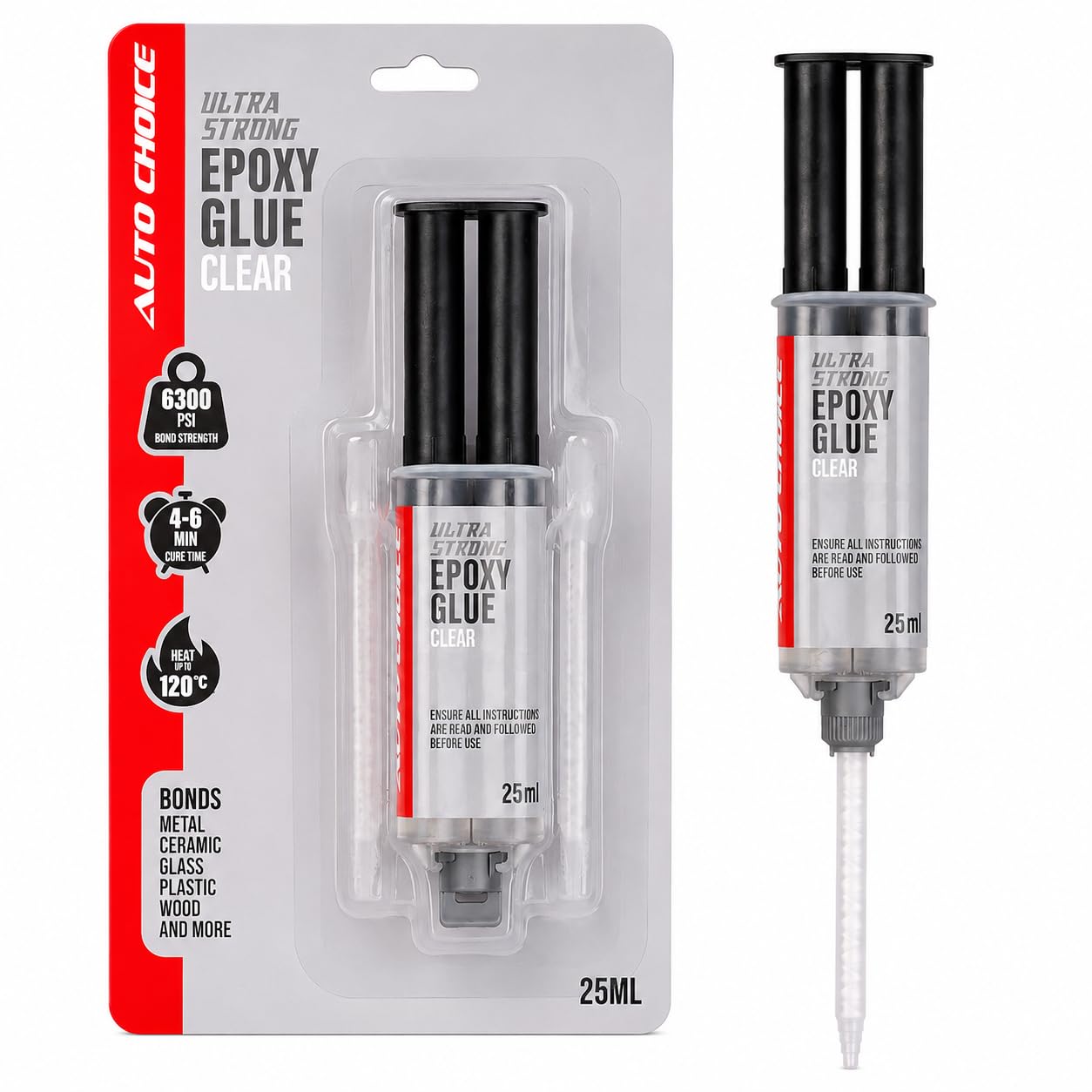 Auto Choice Clear Epoxy Glue 25ml PMEGC25 – High Strength 6300 PSI Adhesive, Heat Resistant to 120°C, Dual Cartridge with Mixing Nozzle