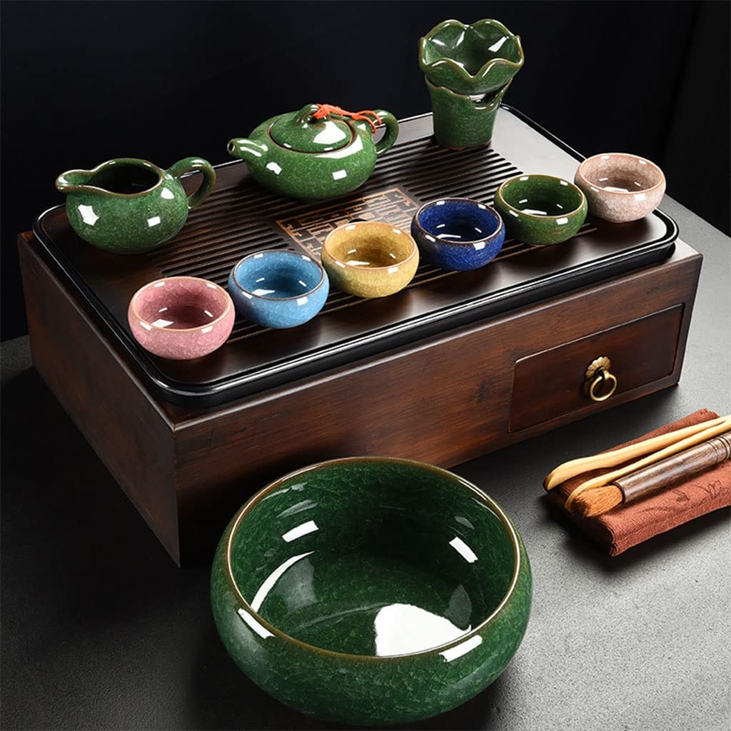 DFGHNBVC Tea Serving Tray,Double Layer Design,Drawer Design, Metal Handle,Chinese Gongfu Tea Table Serving,Easy Drainage,D