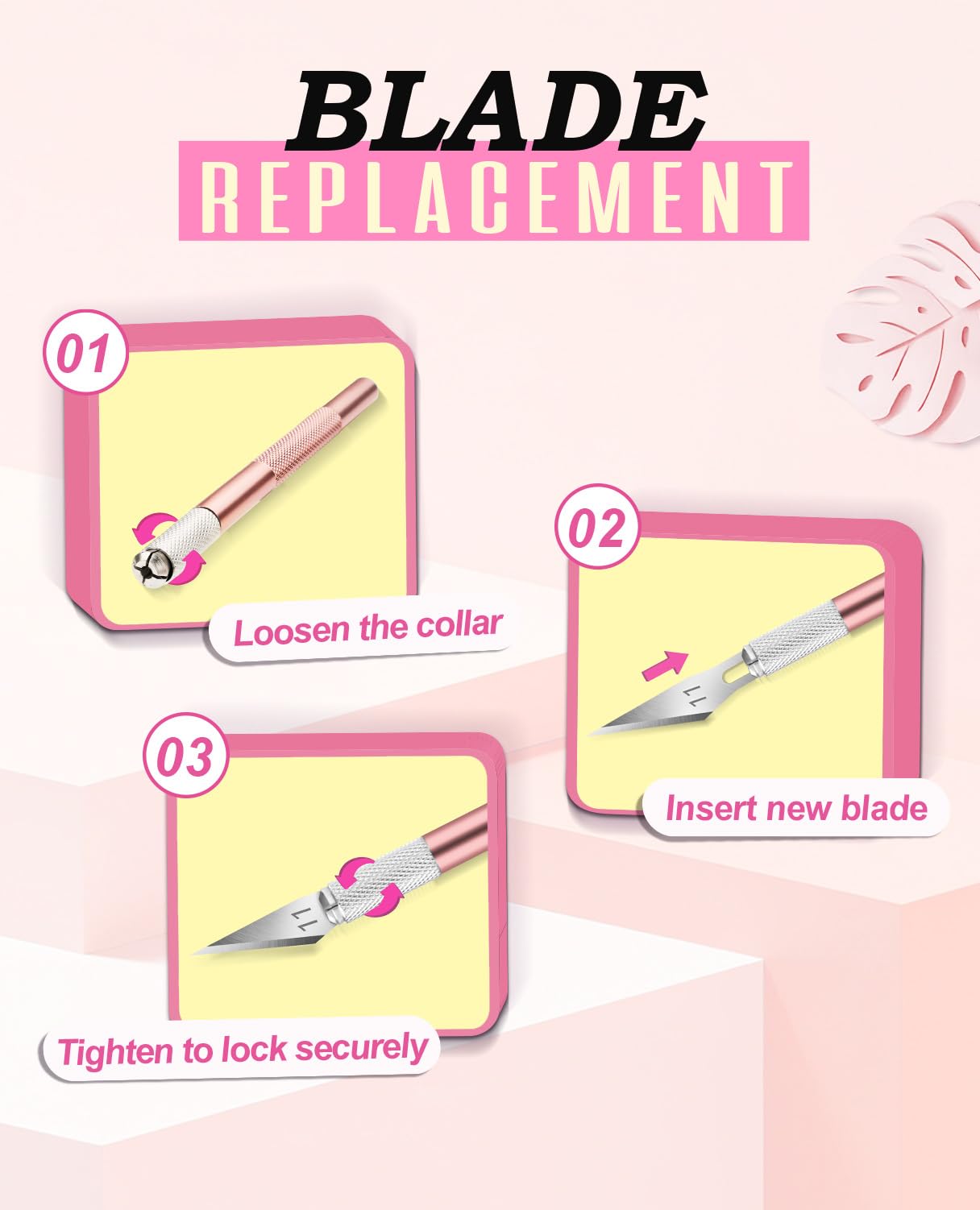 DIYSELF 1 cuchillo exacto para manualidades con 11 cuchillas de acero inoxidable, 1 regla de acero de 15 cm para arte, álbumes de recortes, plantilla (rosa)