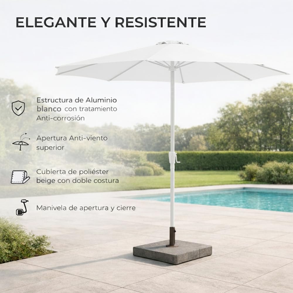 LOLAhome Parasol +RESISTENTE, circular, mástil fijo Ø48mm de aluminio, con Antiviento y Manivela, Elegante y Duradero, tratamiento Anti-corrosión, Para Exterior, Jardín - Tessa Alba