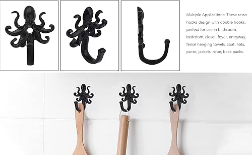 Miniatura 6 de Paquete de 5 ganchos de pared para colgar abrigos, bufandas, bolsos, mochilas, mochilas, decoración del hogar (pulpo negro)