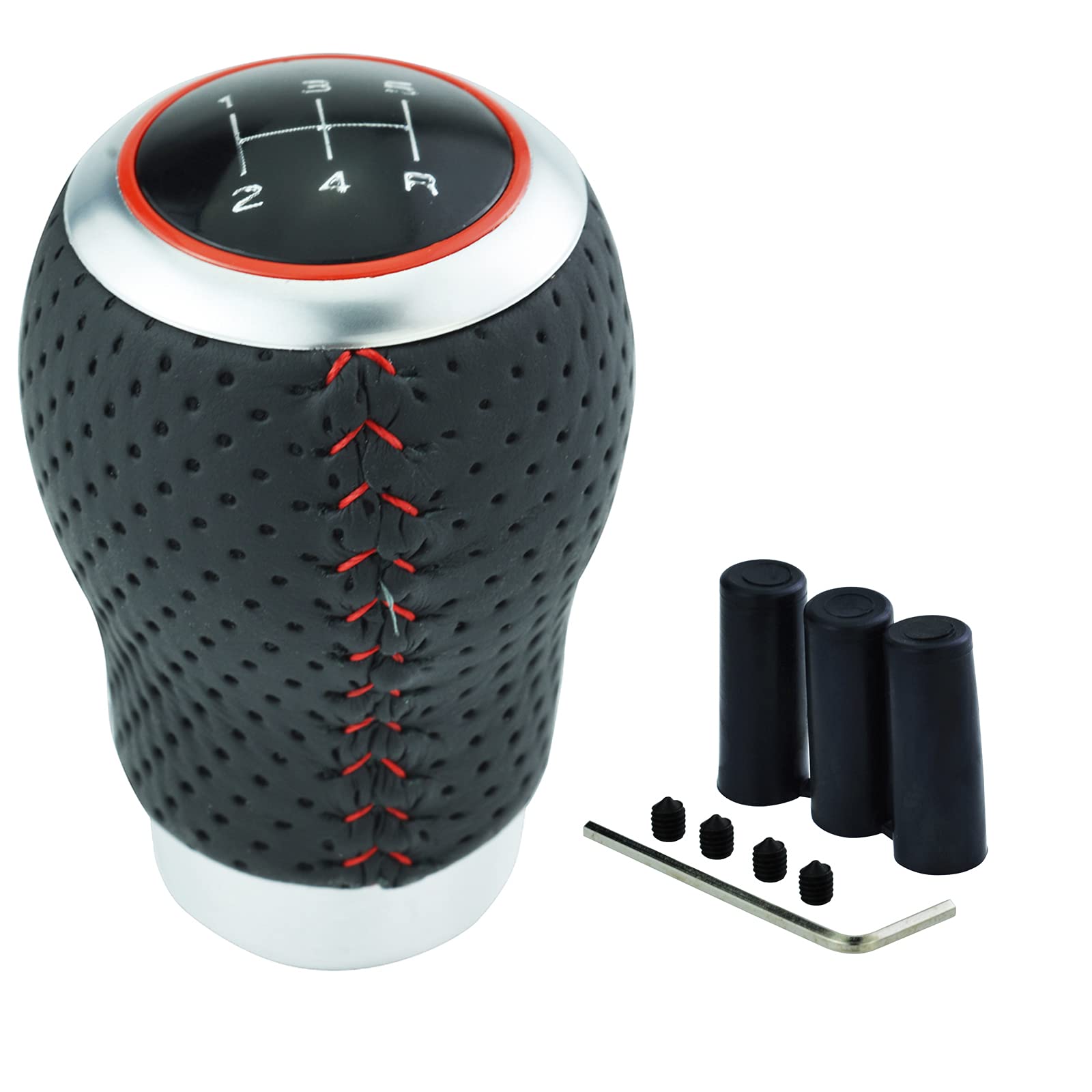 Temzzer Red Stitches 5 Speed Gear Shifter Lever Knob Car Shift Stick Handle Light Pu Leather Transmission Shift Head For Most Manual Automotive Vehicles (Red Stitches)
