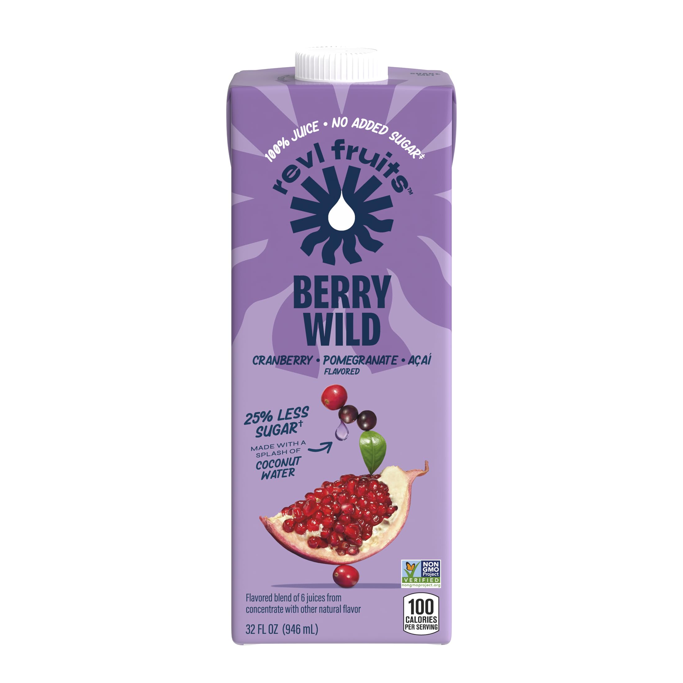 Revl Fruits 100% Juice, No Added Sugar, Cranberry Pomegranate Açai, Berry Wild, 32 fl oz. Carton