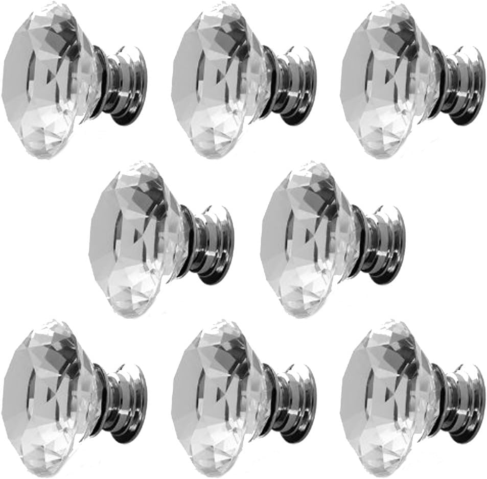 AKORD 8-Pack 40 mm Clear Crystal Drawer Knobs – Diamond-Cut Glass Cabinet & Wardrobe Handles for Dressers, Cupboards & Furniture