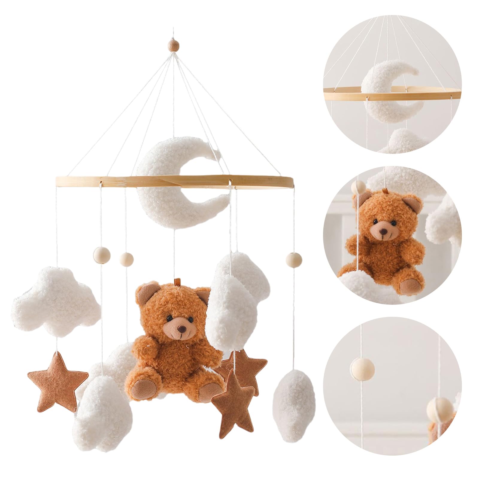 Mobile Baby Windspiele, Babybett Mobile 3D Bär Hase Kaninchen Wolken, Kinderzimmer Hängende Bettglocke, Neugeborenen Geschenk für Baby Jungen und Mädchen (Braun Bär)