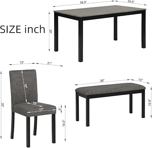 Miniatura 2 de Juego de mesa de comedor Trygoal para 5, juego moderno de 6 piezas para comedor con mesa rectangular, 4 sillas tapizadas con respaldo y un banco,