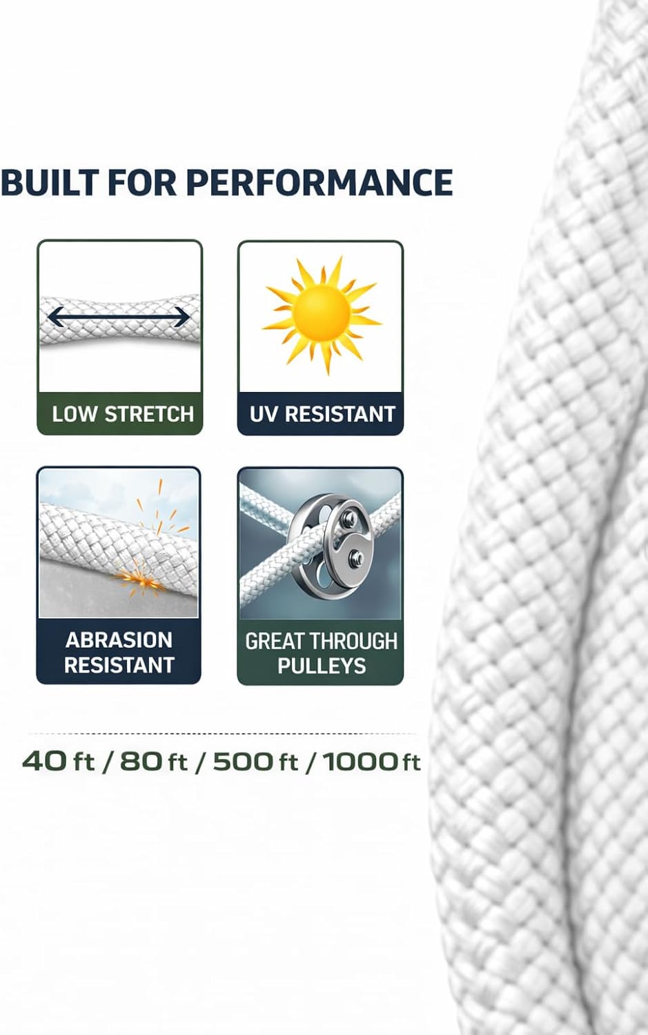 Solid Braid High-Performance Polyester Rope–Flagpole Halyard Replacement, Low Stretch, UV, Abrasion Proof, Smooth Through Pulleys for Sailboat Rigging, Winches, Outdoor Use (White/Size/Length Options)