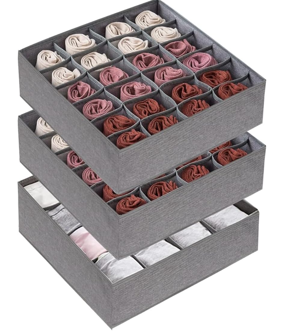 STORESLA Pack of 3 Sock Underwear Organizer Dividers, 64 Cell Drawer Organizers Fabric Foldable Cabinet Closet Storage Boxes for Storing Socks, Underwear, Ties (16+24+24 Cels Grey)