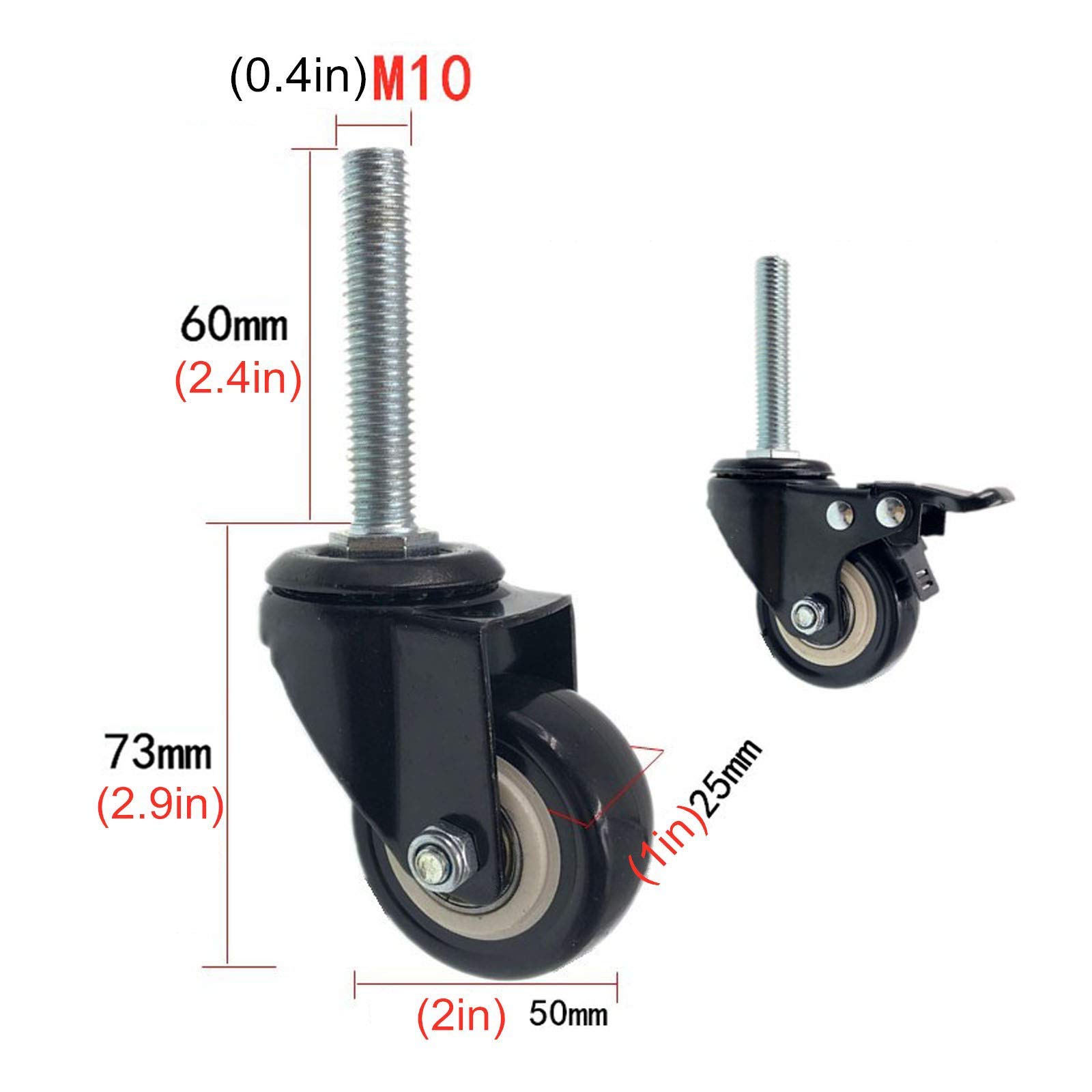 Lot de 4 roulettes pivotantes de 5,1 cm à tige filetée en polyuréthane industriel, roue de rechange pour meubles et établi, roue de chariot, double roulement, charge 150 kg (frein M10)