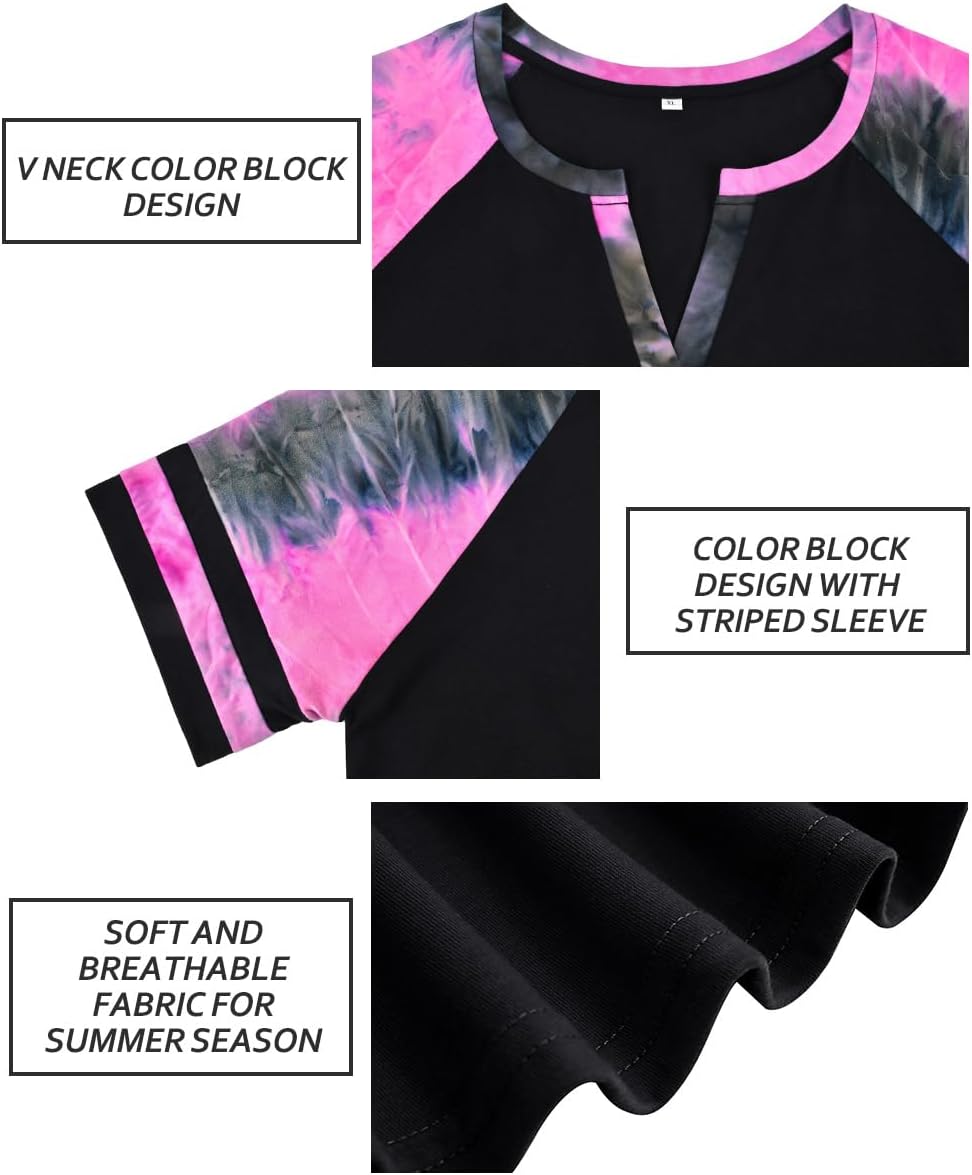 CARCOS Plus Size Tops for Women Short Sleeve Summer Pullover Color Block Crewneck/V Neck Tee Tunic Loose Fit Tshirts XL-5XL - Image 4