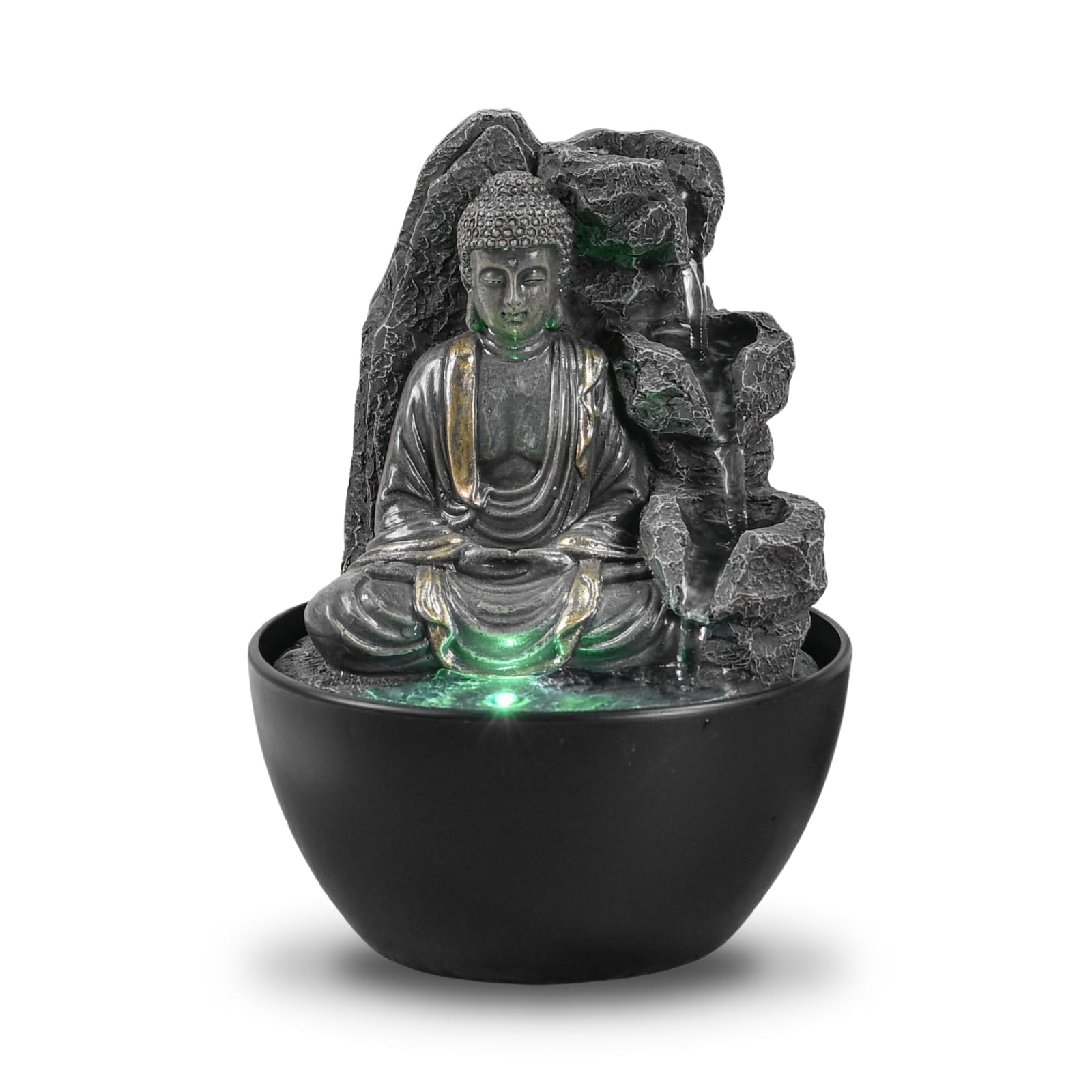 Fuente de Interior de Buda Relajante – Fuente Cascade – Decoración Zen Feng Shui – Idea de Regalo Elegante y útil – Fuente de Mesa con luz LED – 18 cm – Revata Zen'Light
