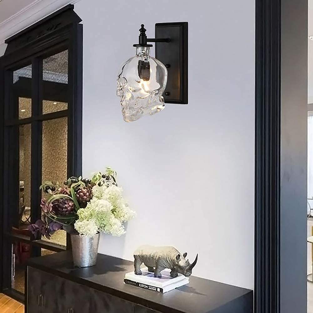 Lámpara de pared industrial Diseño de calavera de cristal Lámpara de pared de hierro forjado retro creativa Dormitorio Sala de estar para bar Restaurante Deco Pasillo Pasillo Escaleras Luz de pared