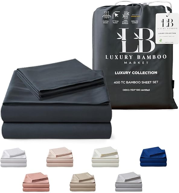 Luxury Bamboo Market | King Size Bed Sheet Set | 100% Viscose Made from Bamboo | Organically Grown | Ultra Soft | Cooling Sheets for Hot Sleepers | 17" Deep Pocket [Charcoal Grey]