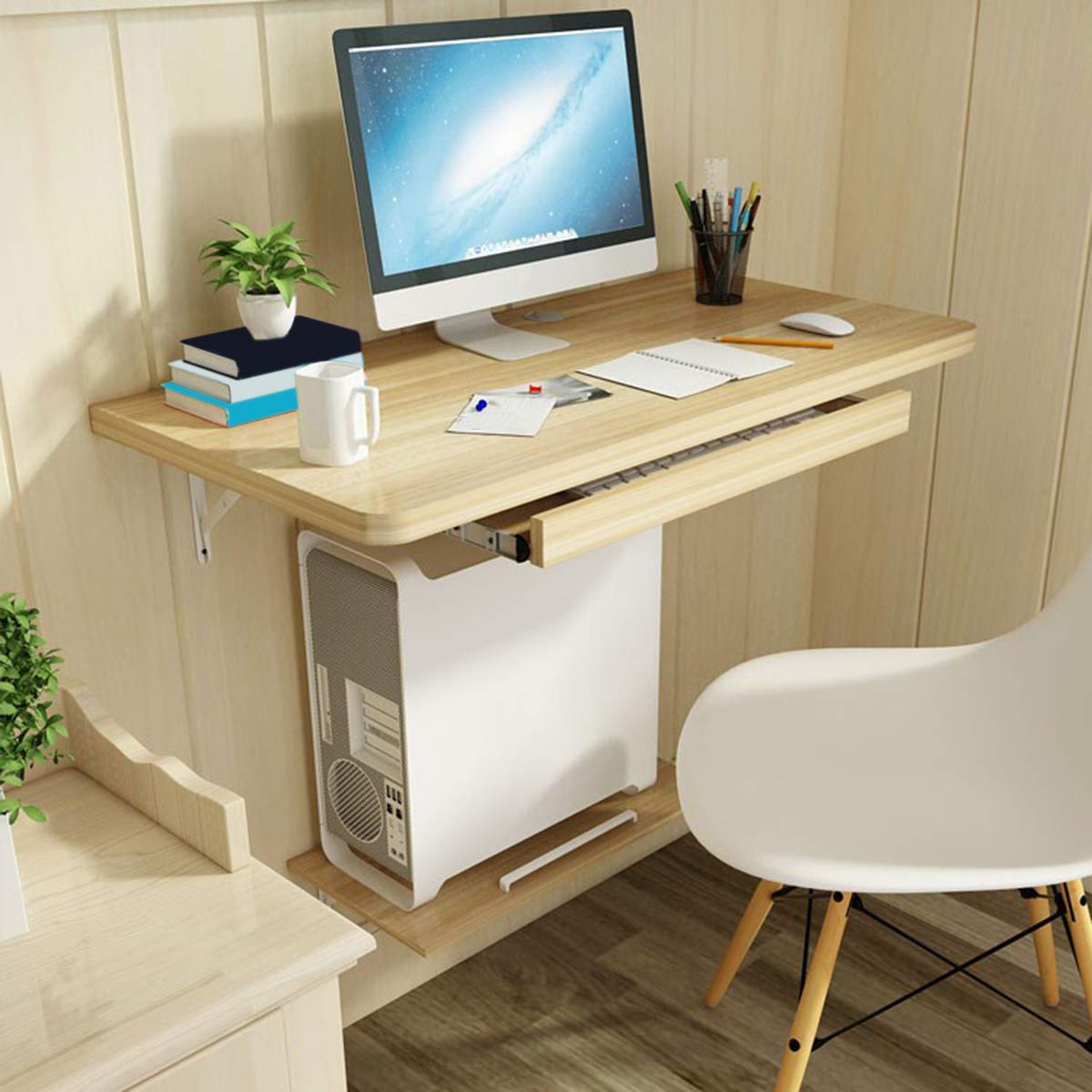 Bureau mural élégant avec tiroirs en noyer noir et étagères de rangement