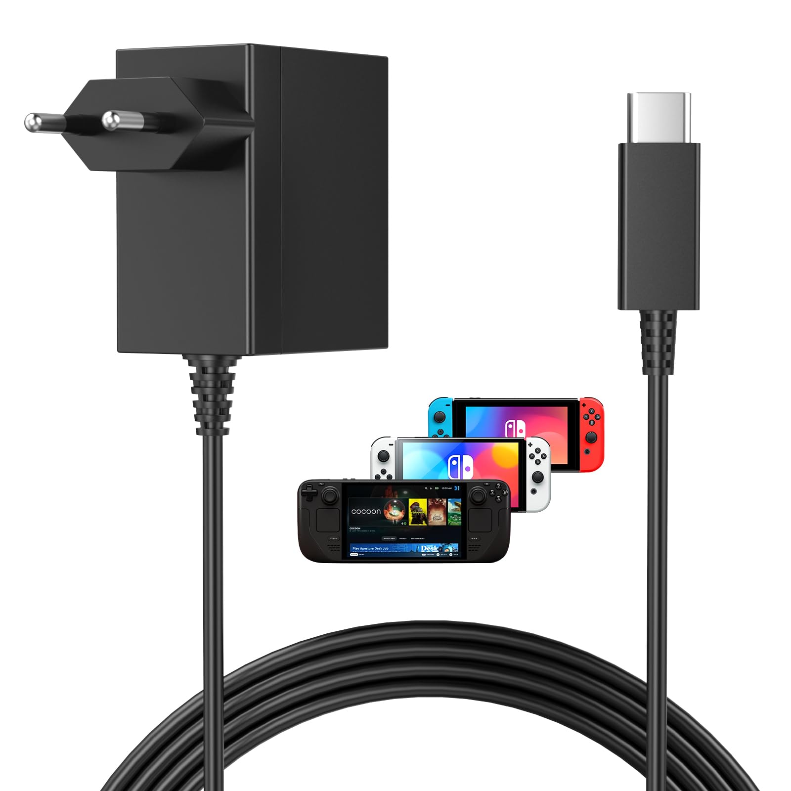 45W Cargador para Nintendo Switch Lite/OLED/Deck Dock Switch Pro Controller, Adaptador de Corriente con Cable Switch de 1.5M/5FT Carga Rápida USB Tipo C/Soport a Modo TV