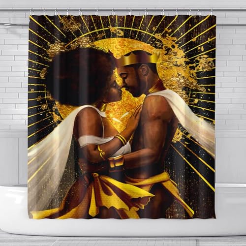 Dudietry African Queen and King Black Crown Shower Curtain,Black Girl Bathroom Textured Fabric Waterproof Shower Curtain Liner 70x70 Inches