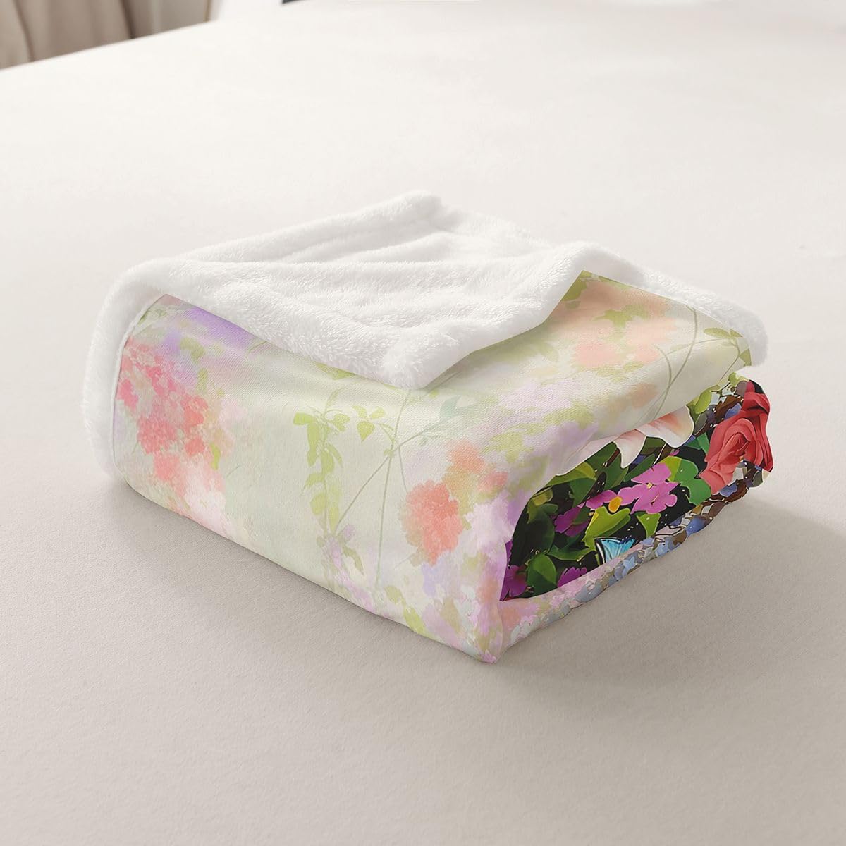 Erosebridal Butterfly Floral Fuzzy Plush Throw Garden Botanical Colorful Butterflies Fleece Blanket Watercolor Flowers Oil Painting Sherpa Blanket for Kids,Modern Aesthetic Decor for Bed 40"x50"