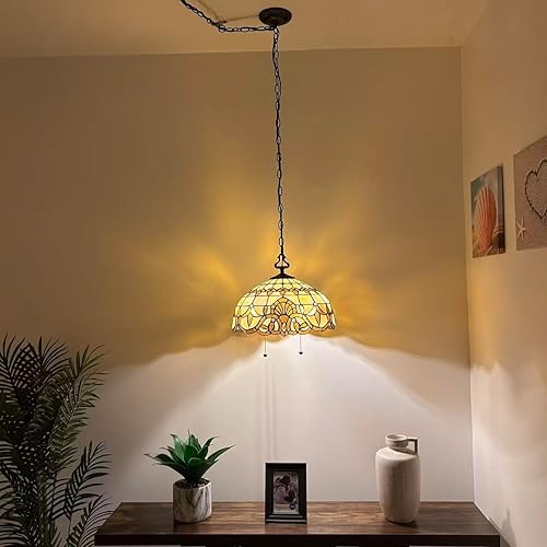 Miniatura 3 de Tiffany - Lámpara colgante de estilo barroco dorado con enchufe de vitrales dorados, bombillas LED incluidas para comedor, sala de estar, 16