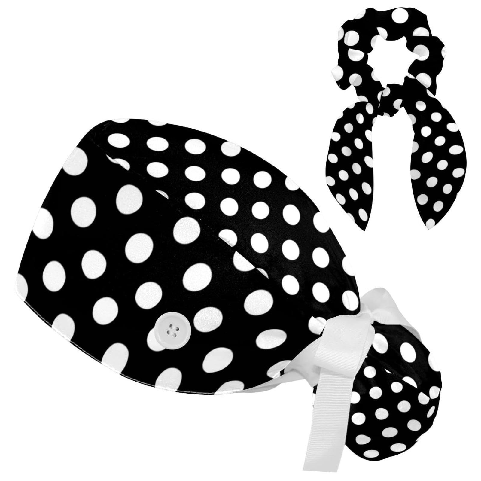 Vcedizo Working Cap with Button Sweatband, Polka Dot Pattern Black White Surgical Surgery Hats Ponytail Holder