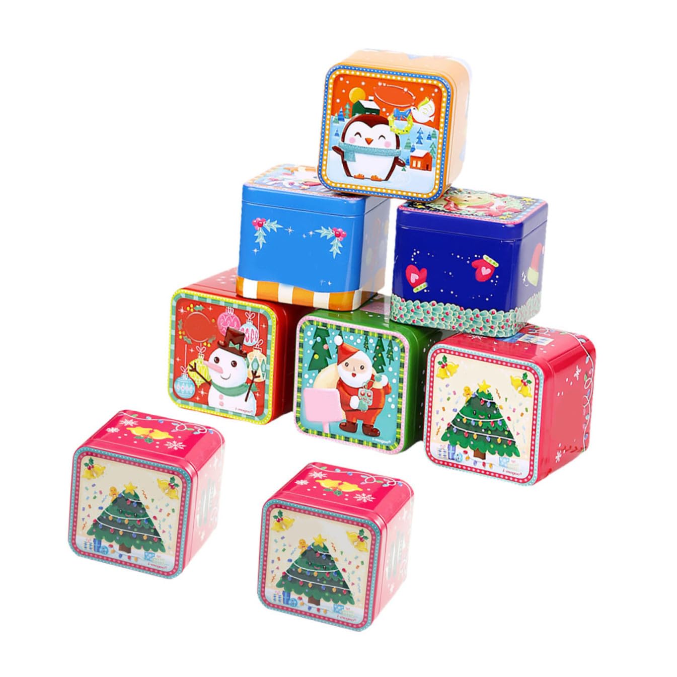 GRIRIW 8 Piezas Cajas de Regalo Navideñas de Hojalata Botes Cuadrados para Dulces y Galletas Almacenamiento Resistente y Decorativo para Navidad