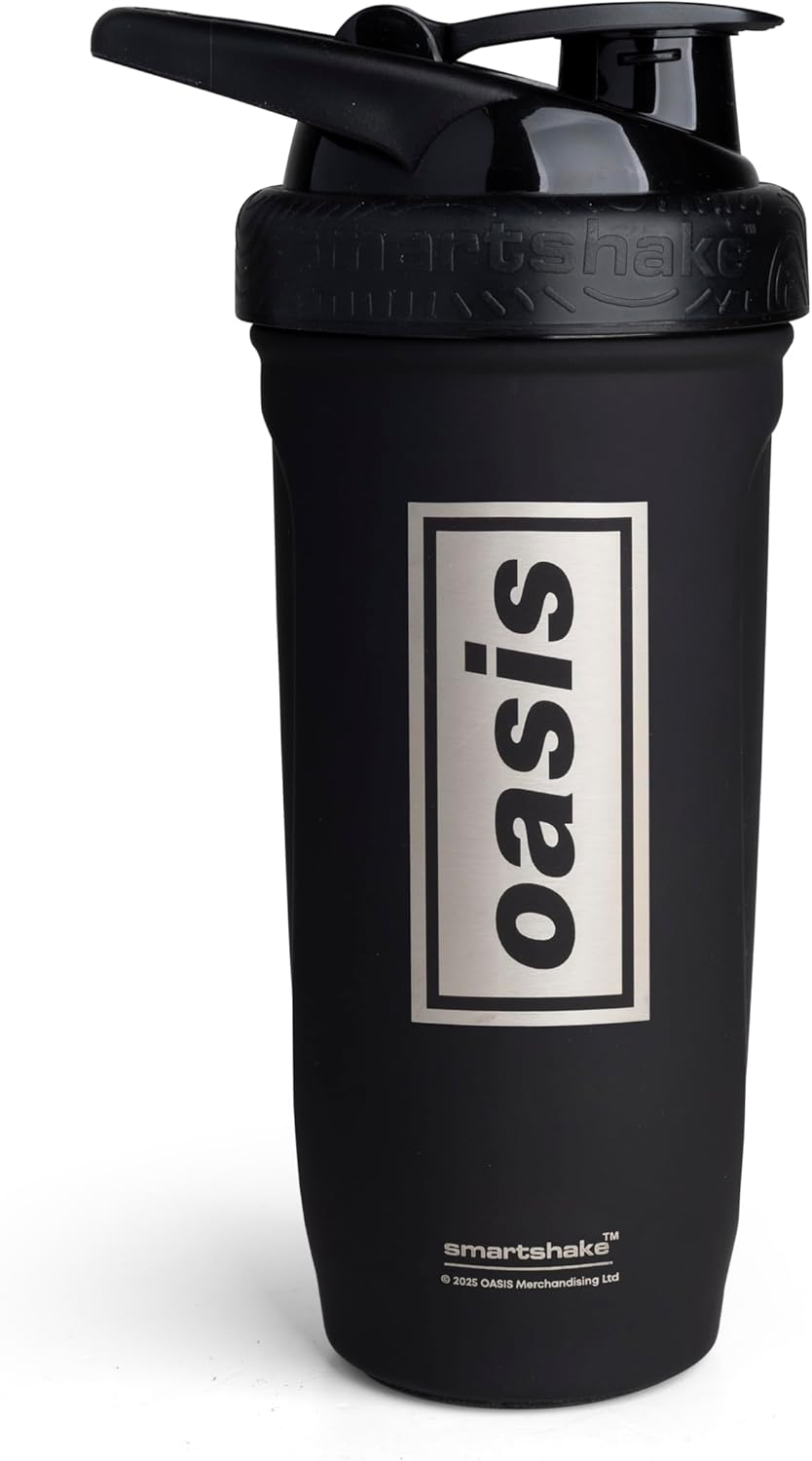 Smartshake Rockband Reforce Stainless Steel Protein Shaker Bottle - Non Insulated Gym Bottle | Metal Shaker Bottles - 900 ml | 30 oz - Leakproof Screw-on Lid - BPA Free | Oasis Logo on Bottle