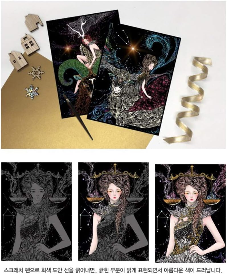 The Zodiac in Scratch Book Art Therapy Embroider the Night with a Single Pen 12 Constellations for Adults Relaxation