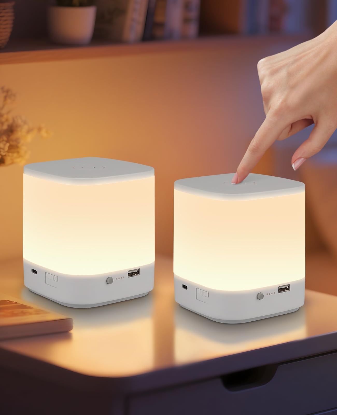 Homefire Lámpara de noche LED 2 táctiles regulable: lámpara de mesa con batería 3600 mAh USB | Lámpara de noche recargable blanca inalámbrica con 3 temperaturas de color y temporizador, luz nocturna para dormitorio