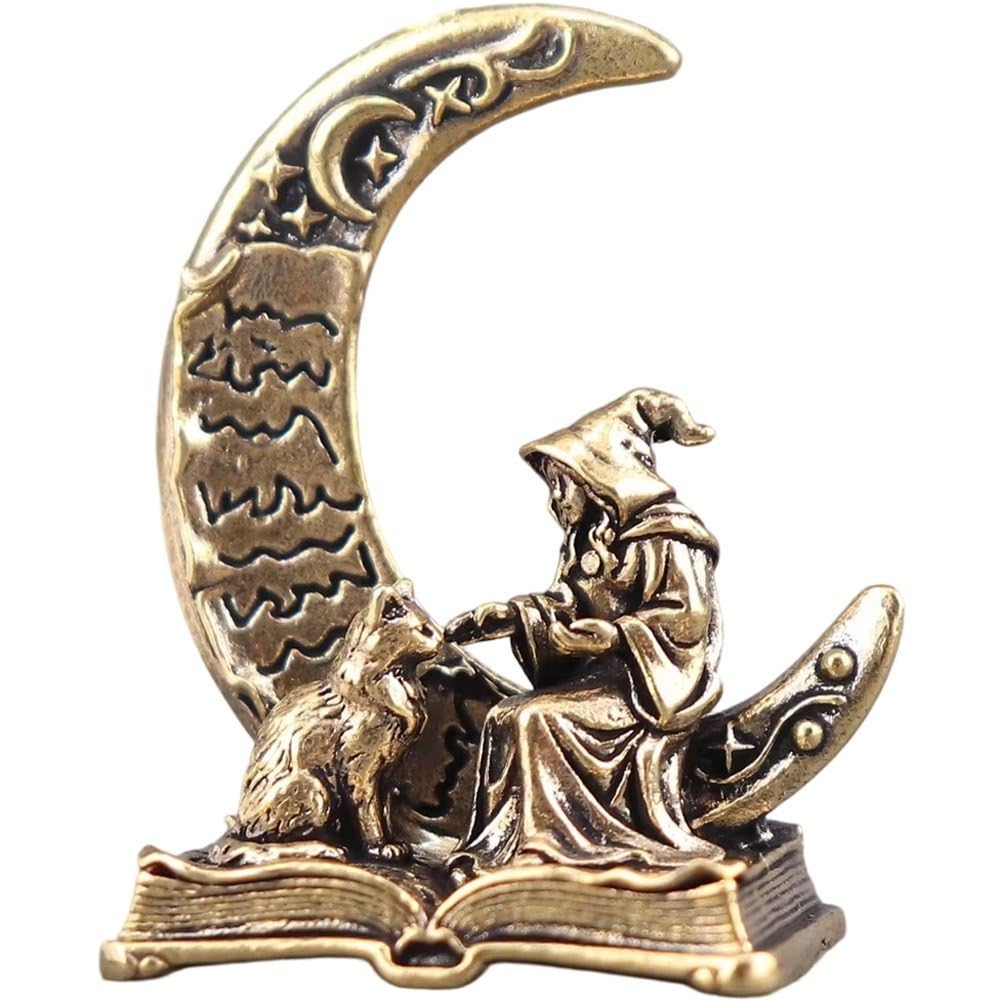 Ymxygz Brass Figurine Mini Moon Witch Statue Animal Figurines Miniature Retro Cat Sculpture Collectibles Home Desktop Decoration
