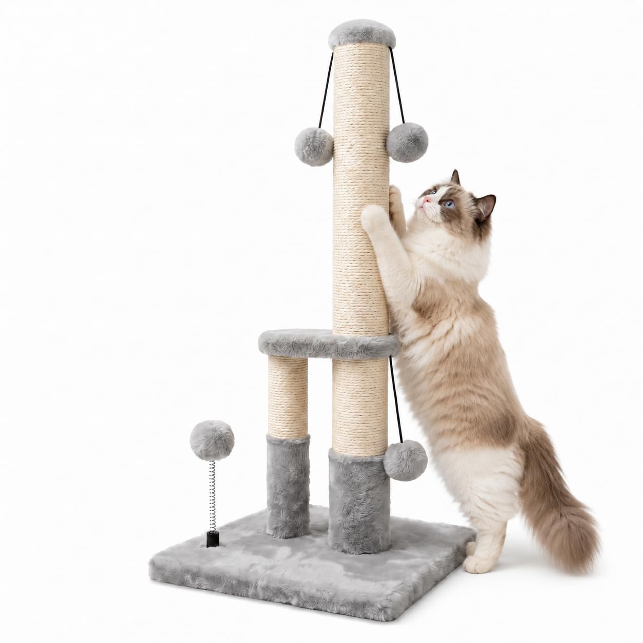 Photo 1 of Dimaka Tall Cat Scratching Post, Double Lower Posts Extra Stable Cat Post Tree Scratcher with Sisal Rope and Teasing 4 Balls Total Large Base (Grey)