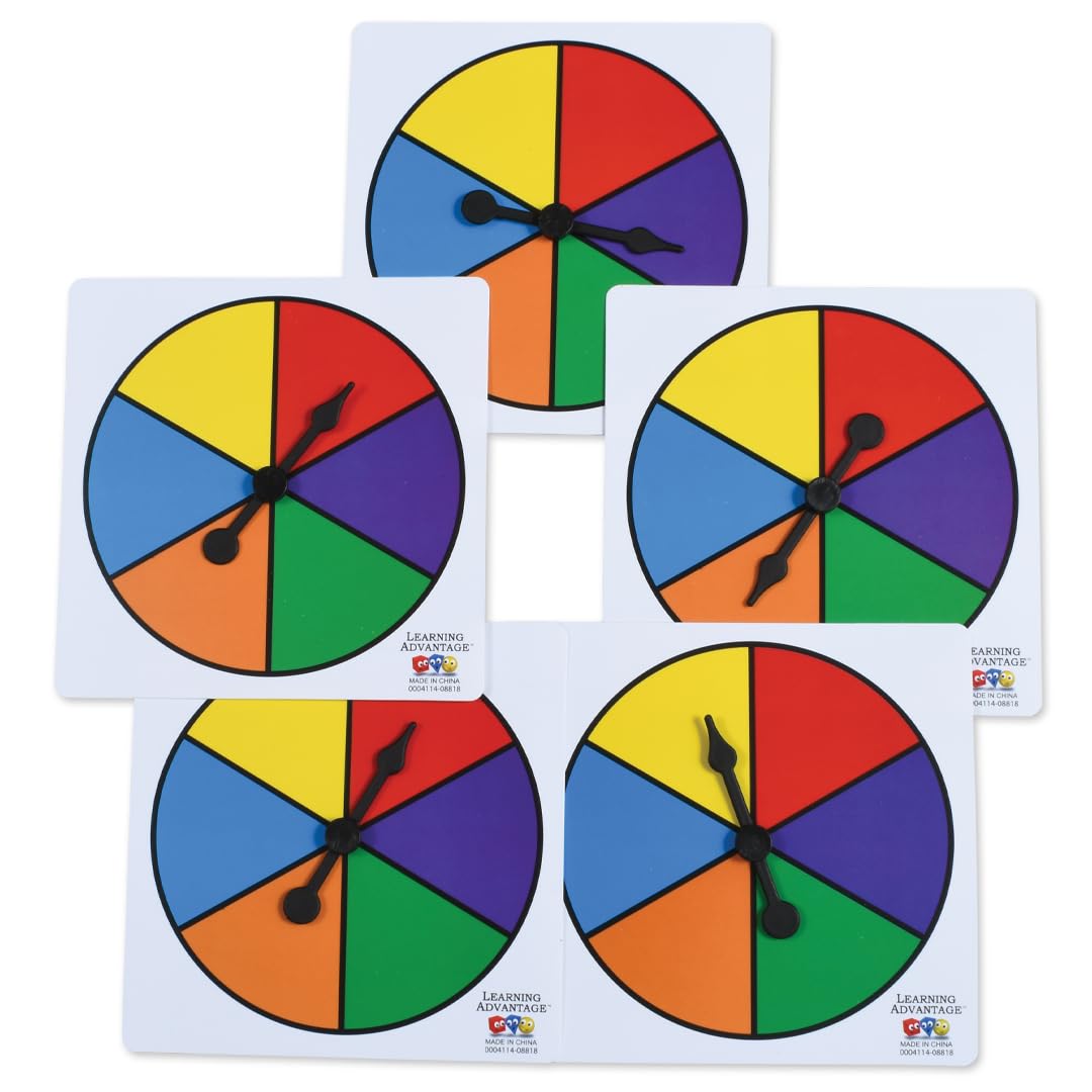 LEARNING ADVANTAGE Six-Color Spinners - Set of 5 - Game Spinner – Write On/Wipe Off Surface for Multiple Uses