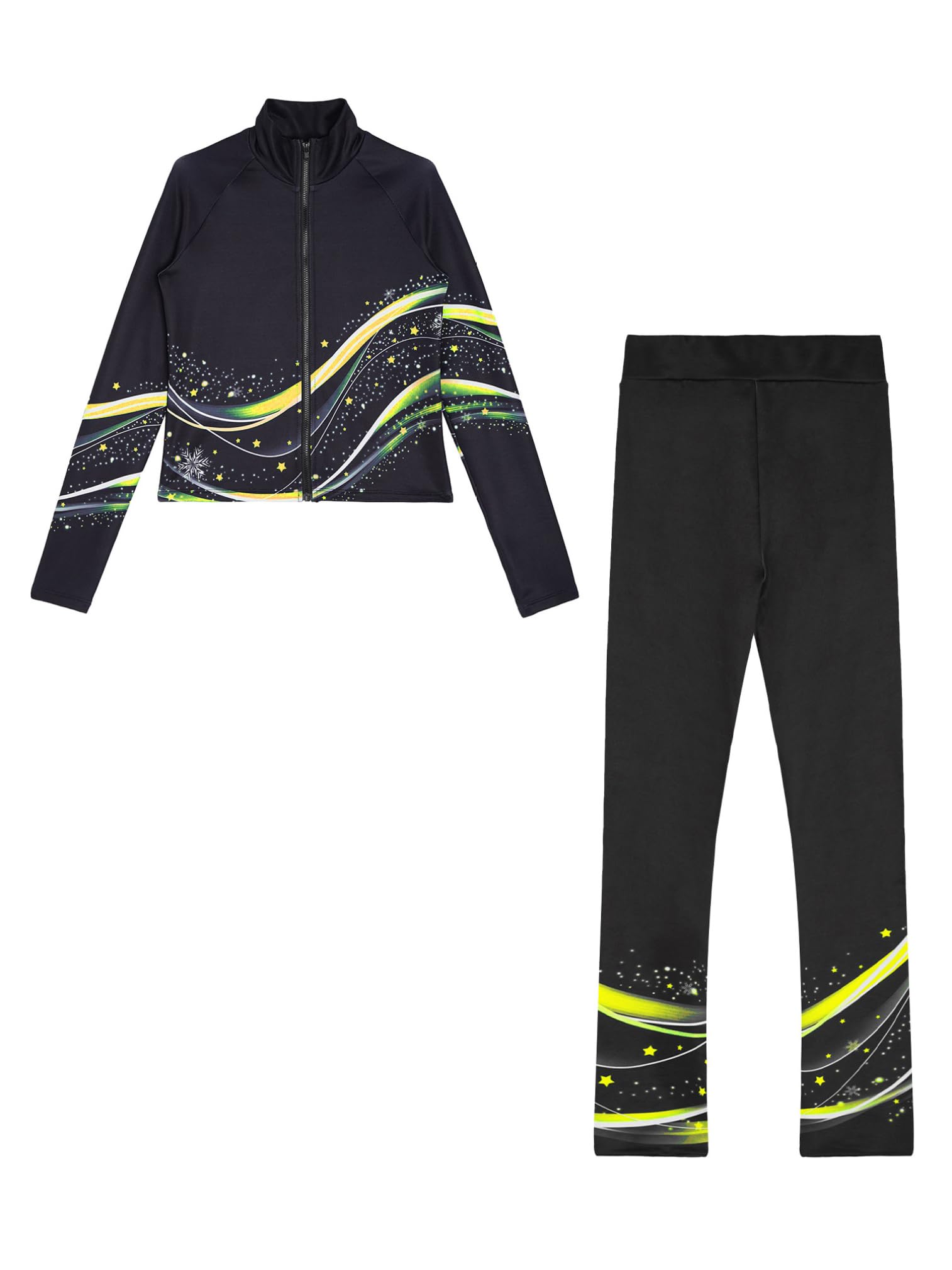 ranrann Ensemble Patinage Artistique Fille Veste Chaud Polaire avec Pantalon Collant Legging Tenue Patinage sur Glace Sport A Jaune fluo 9-10 ans