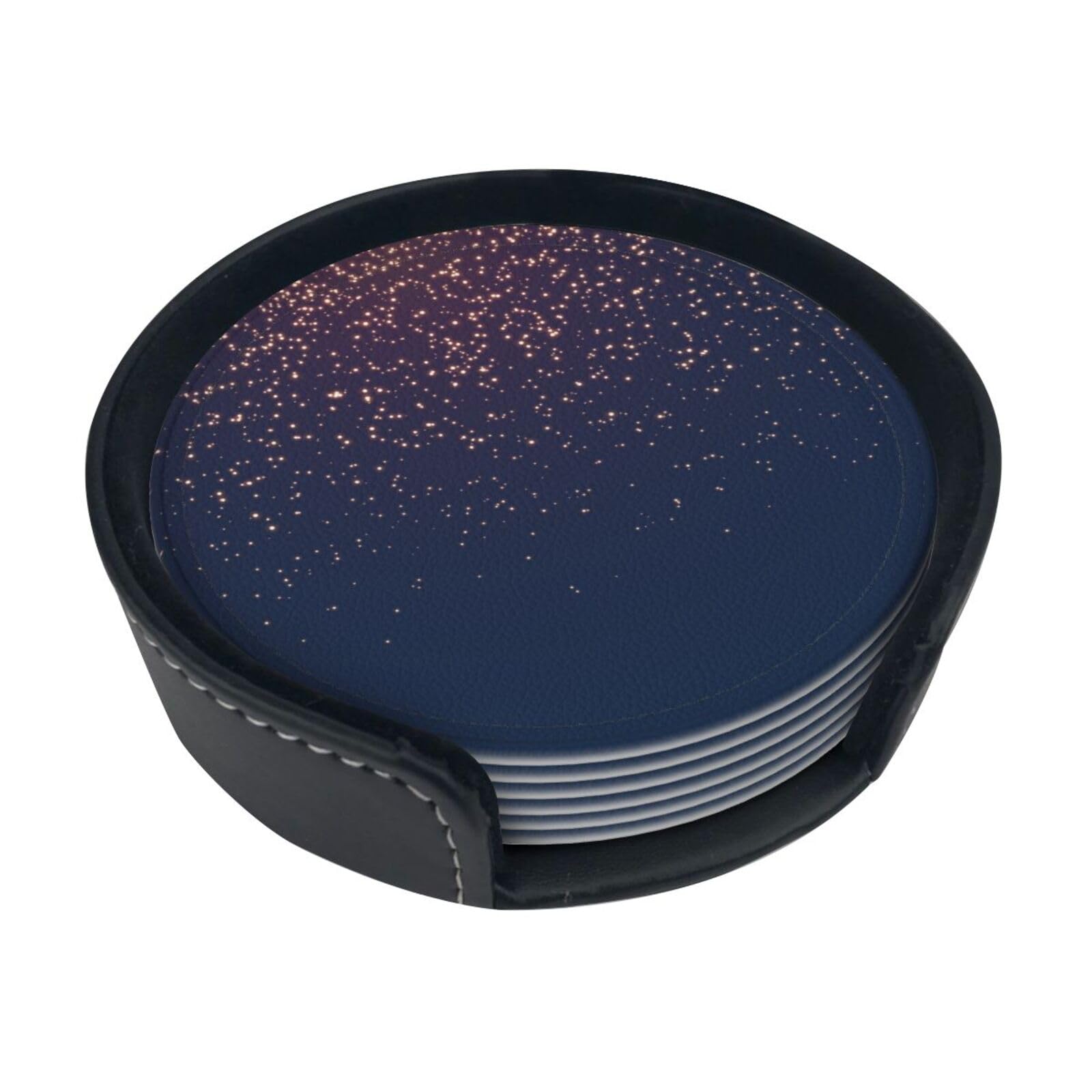 Faduni Navy Blue Sky And Stars Coasters For Drinks, 6 Pcs Leather Coaster With Holder, Round Cup Mat Pad Set For Home And Kitchen 3.9 Inches