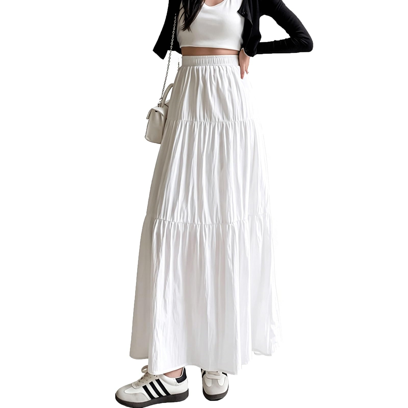 DUddTTW Loose Women's Midi Skirt Midi Length Flowy Long Skirt Maxi Skirts A-line Ankle Length Skirts Elastic High Waisted Swing Skirt(Wei�)
