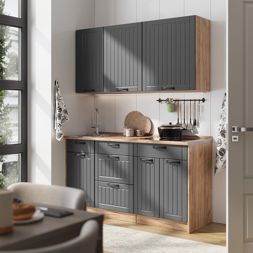 Vicco Singleküche Fame-Line, Dunkelgrau/Goldkraft Eiche, 150 cm