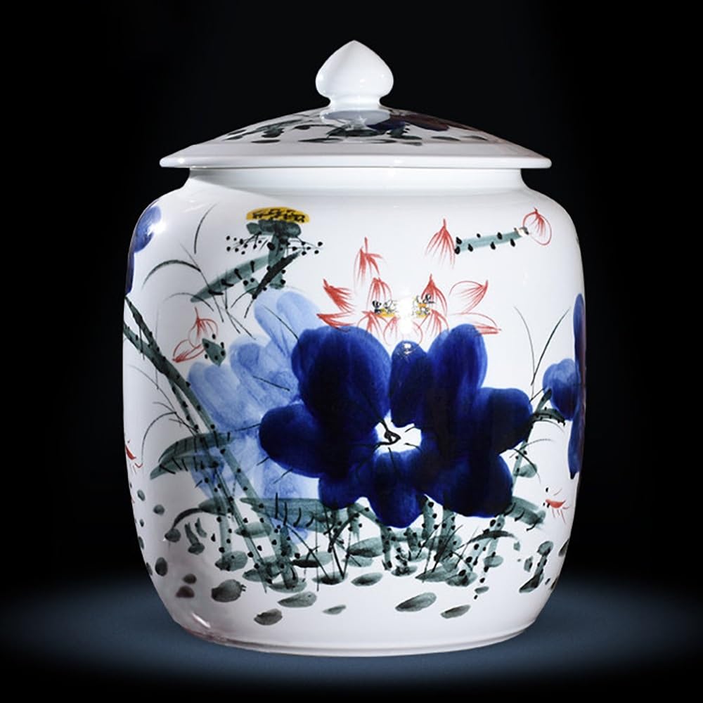 SXYHCK Chinese Ceramic Rice Bucket Large Grain Dispenser Food Storage Container With Lid Sealed Ceramic Rice Storage Jar Porcelain Kitchen Sealed Jar(Blue,25kg/55lbs)